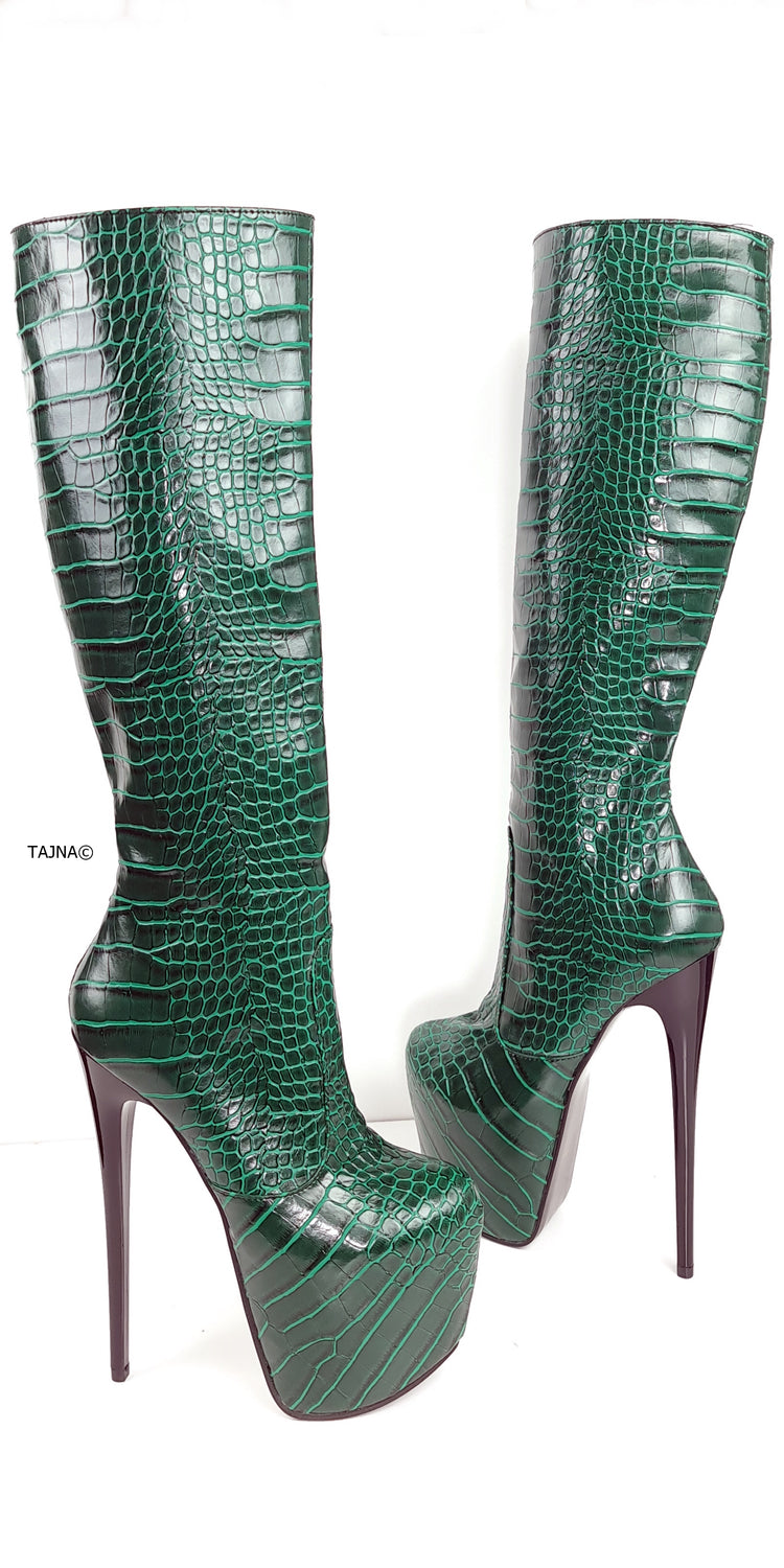 Green Croco Mid Calf High Heel Boots  Tajna Club