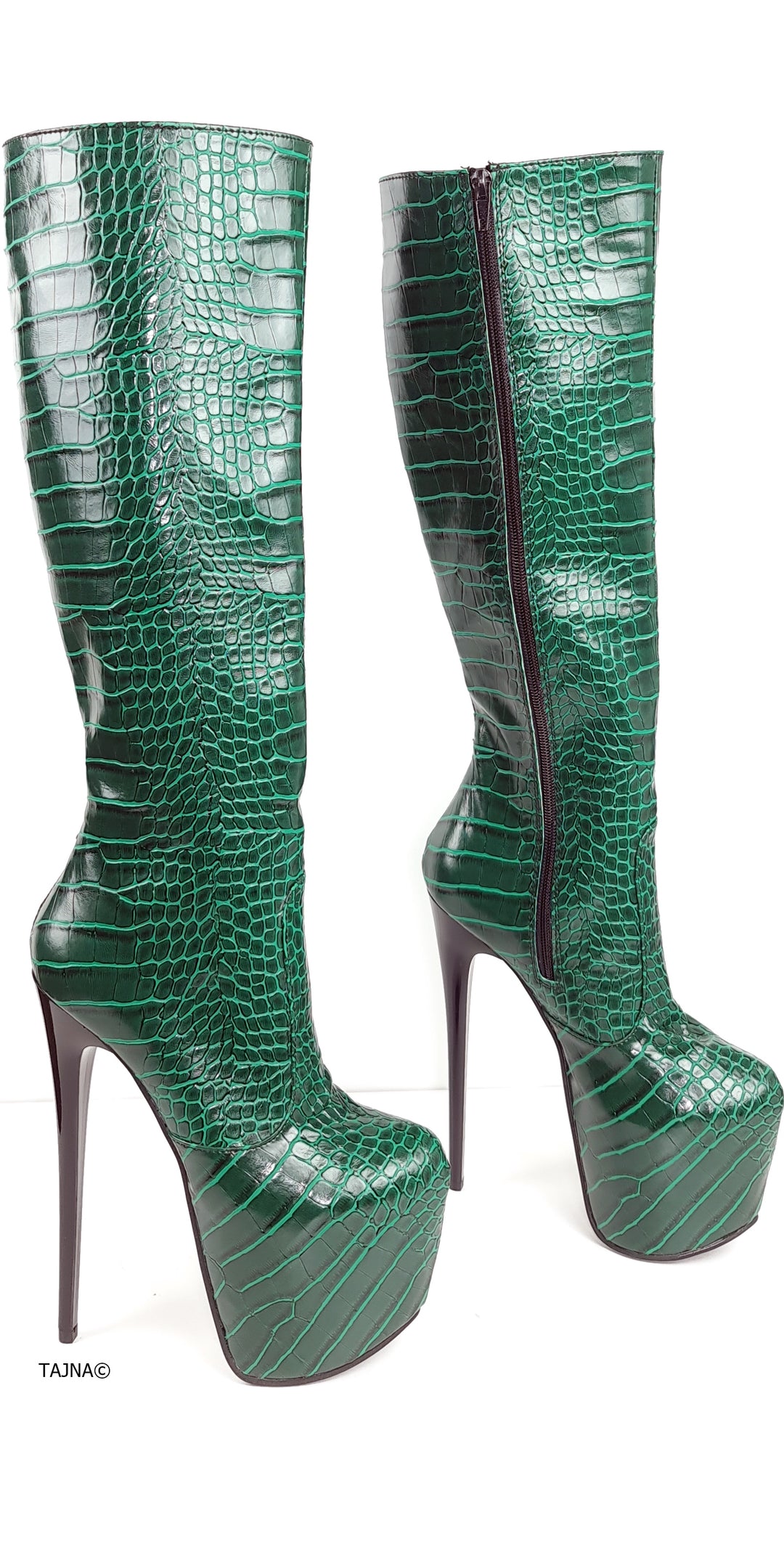 Green Croco Mid Calf High Heel Boots  Tajna Club