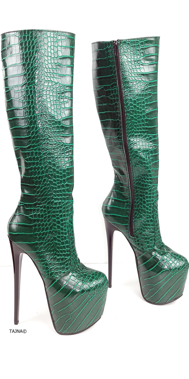 Green Croco Mid Calf High Heel Boots  Tajna Club