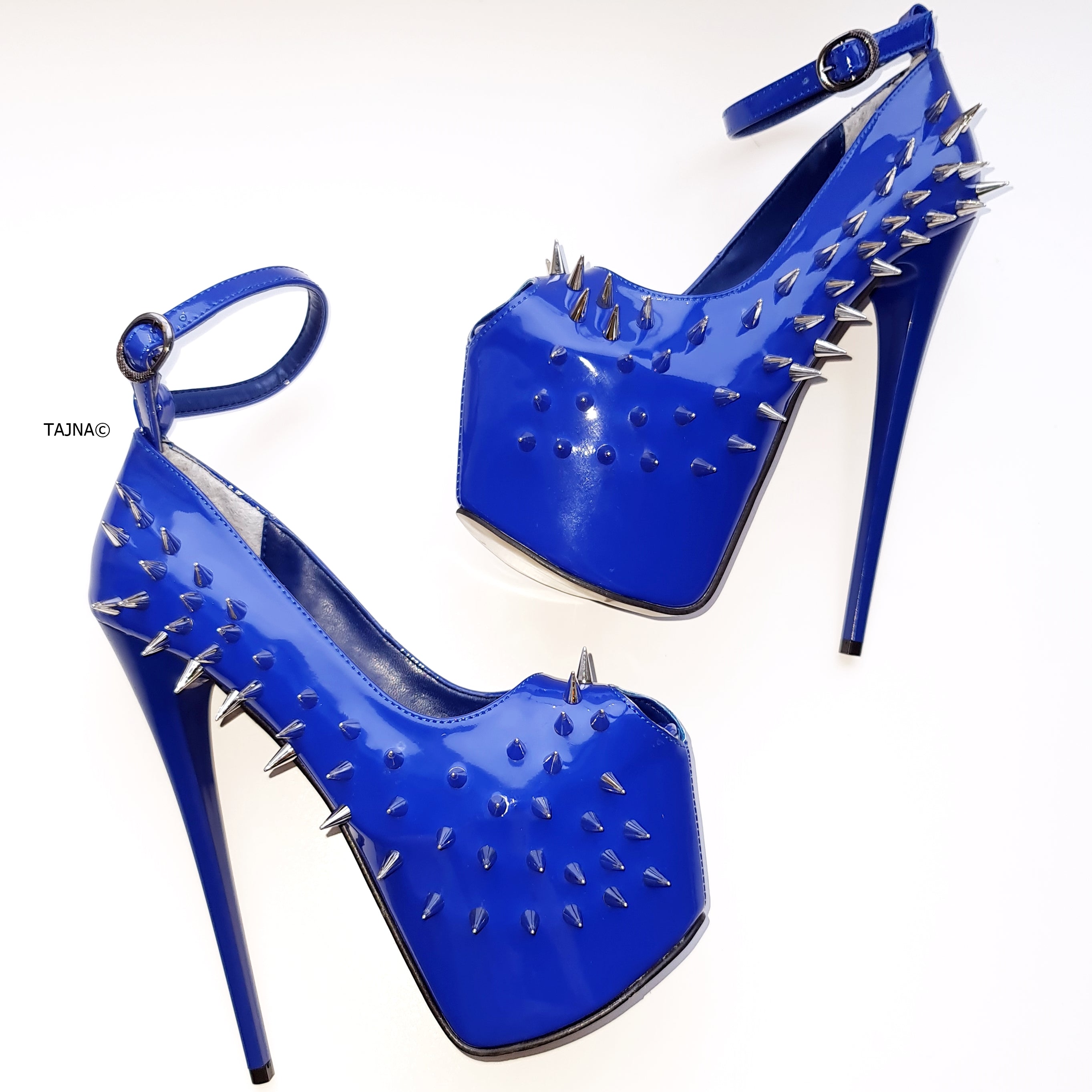 Electric Blue Gloss Spike Studded Ankle Strap Heels Tajna Club