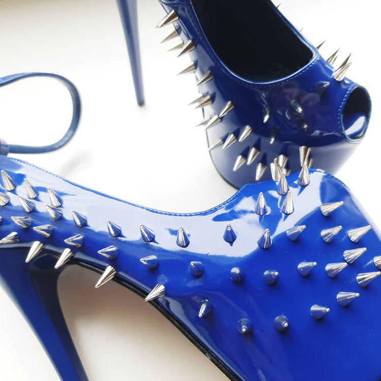 Electric Blue Gloss Spike Studded Ankle Strap Heels Tajna Club