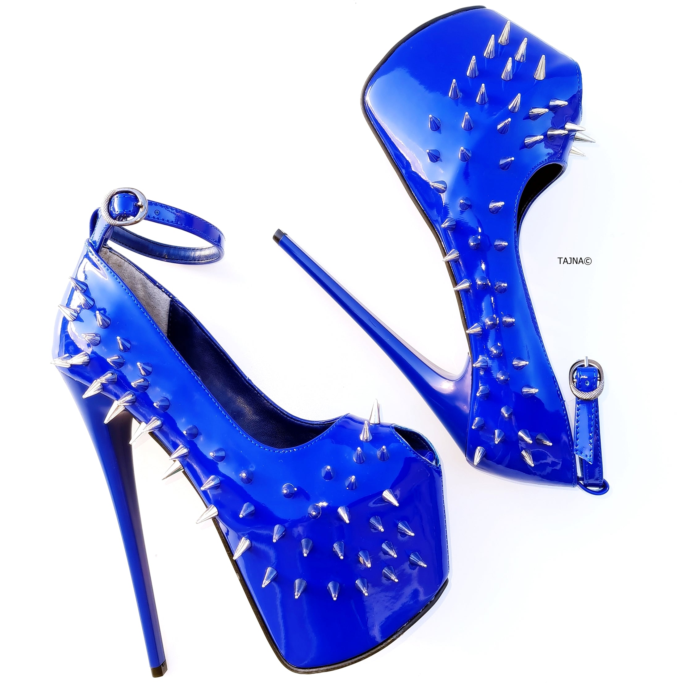 Electric Blue Gloss Spike Studded Ankle Strap Heels Tajna Club