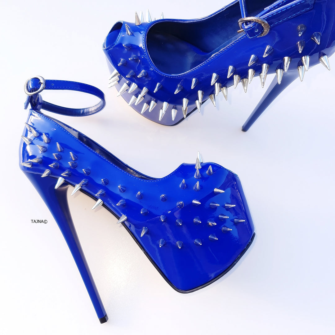 Electric Blue Gloss Spike Studded Ankle Strap Heels Tajna Club