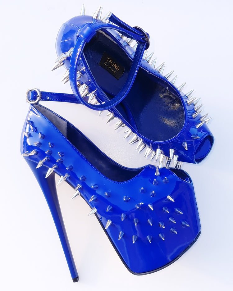 Electric Blue Gloss Spike Studded Ankle Strap Heels Tajna Club