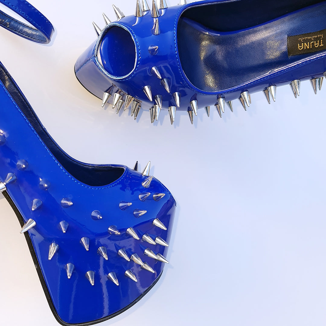 Electric Blue Gloss Spike Studded Ankle Strap Heels Tajna Club