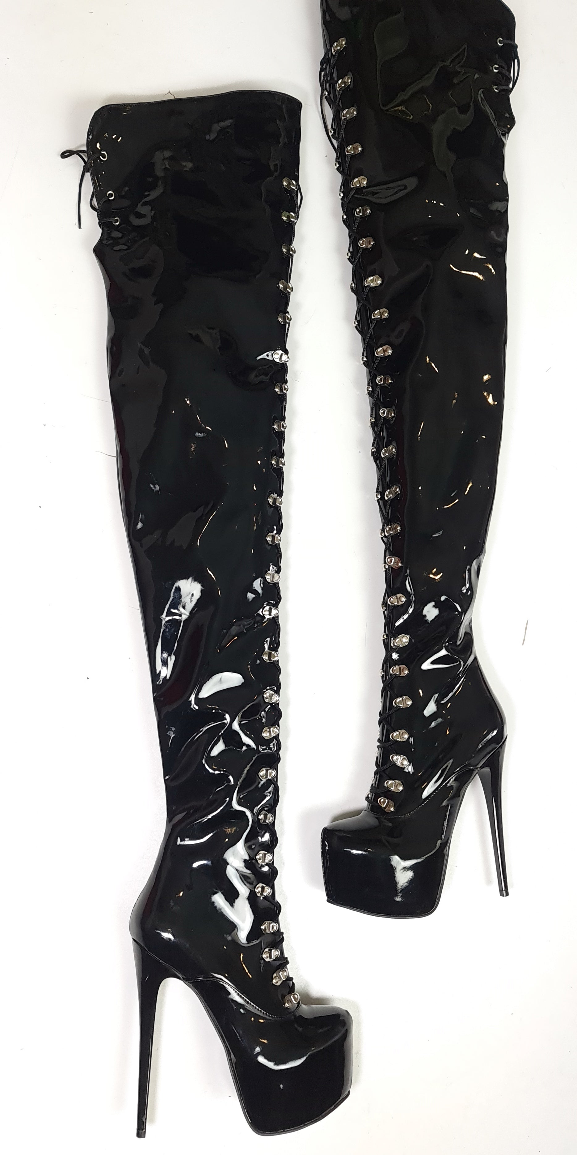 Black Gloss 100cm Long Thigh Military Style Lace Up Boots