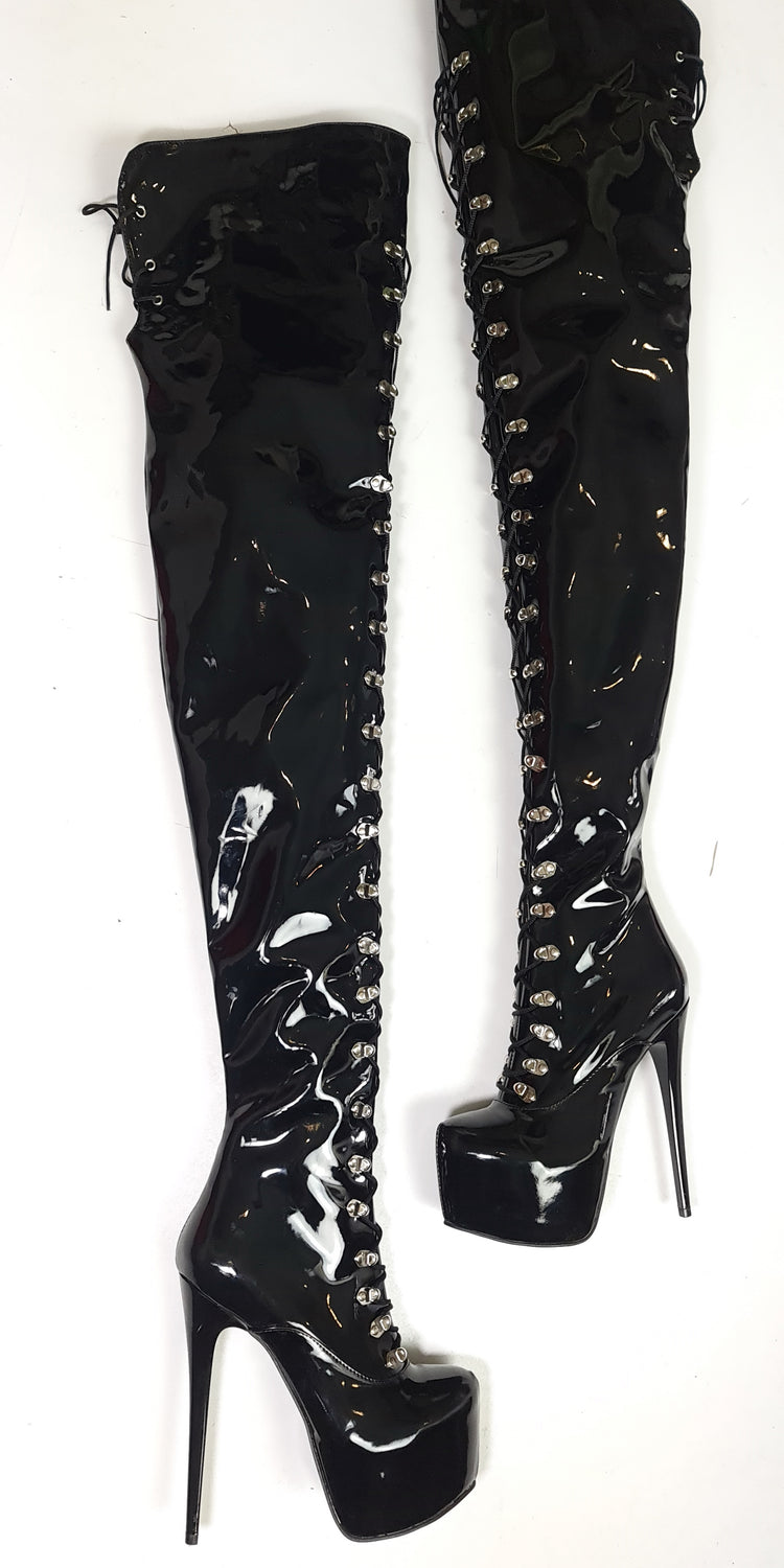 Black Gloss 100cm Long Thigh Military Style Lace Up Boots