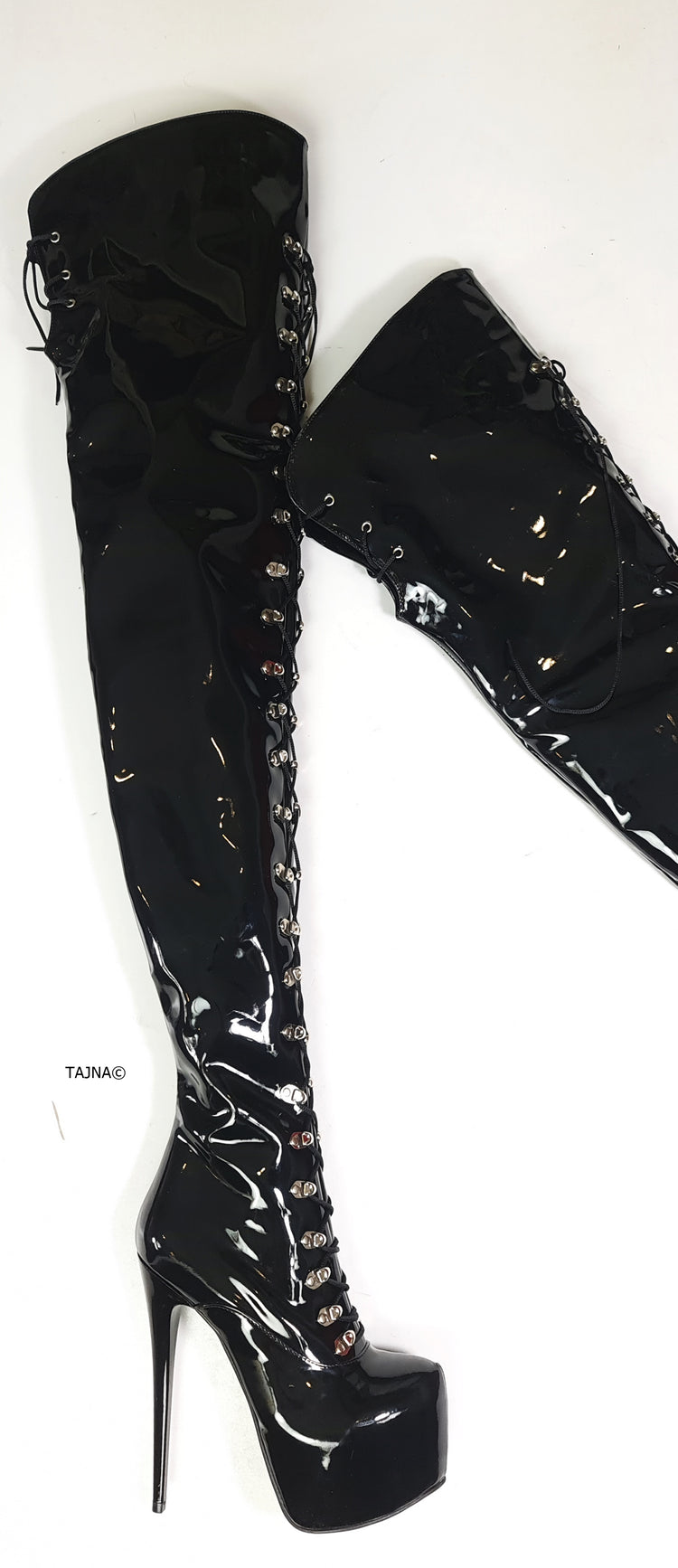 Black Gloss 100cm Long Thigh Military Style Lace Up Boots