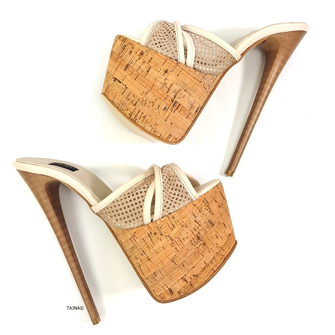 Cream Cork Detail Fishnet High Heel Mules Tajna Club