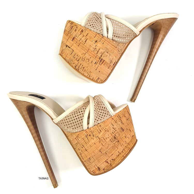 Cream Cork Detail Fishnet High Heel Mules Tajna Club