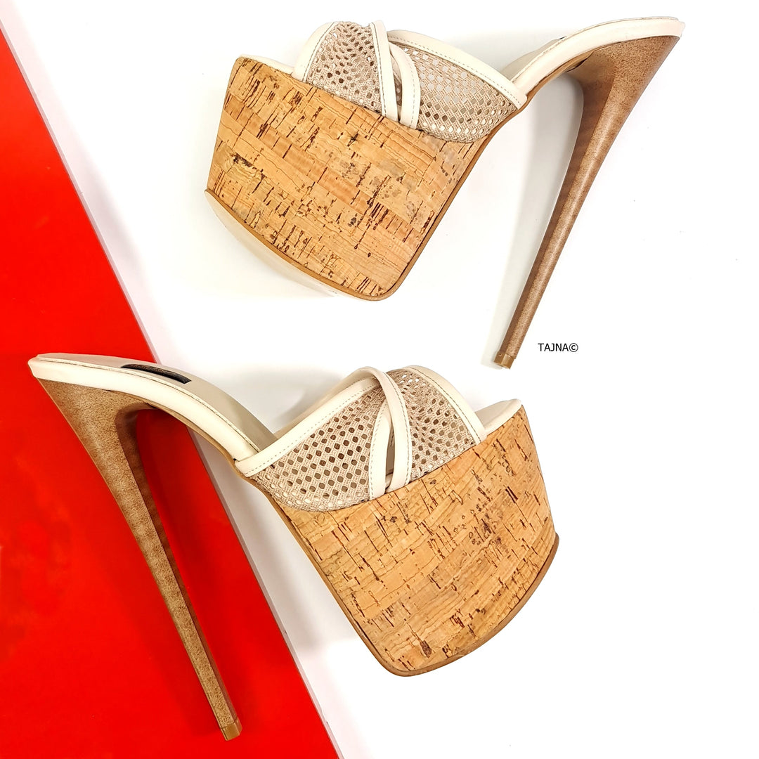 Cream Cork Detail Fishnet High Heel Mules Tajna Club