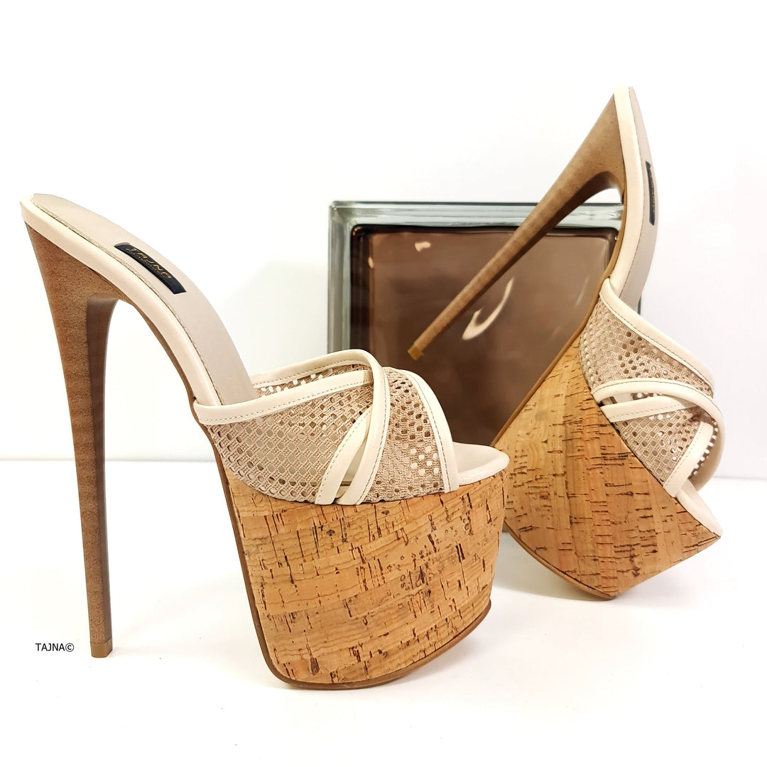 Cream Cork Detail Fishnet High Heel Mules Tajna Club