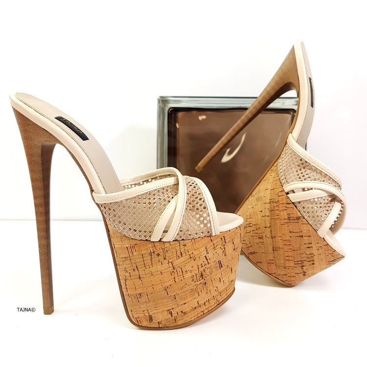 Cream Cork Detail Fishnet High Heel Mules Tajna Club
