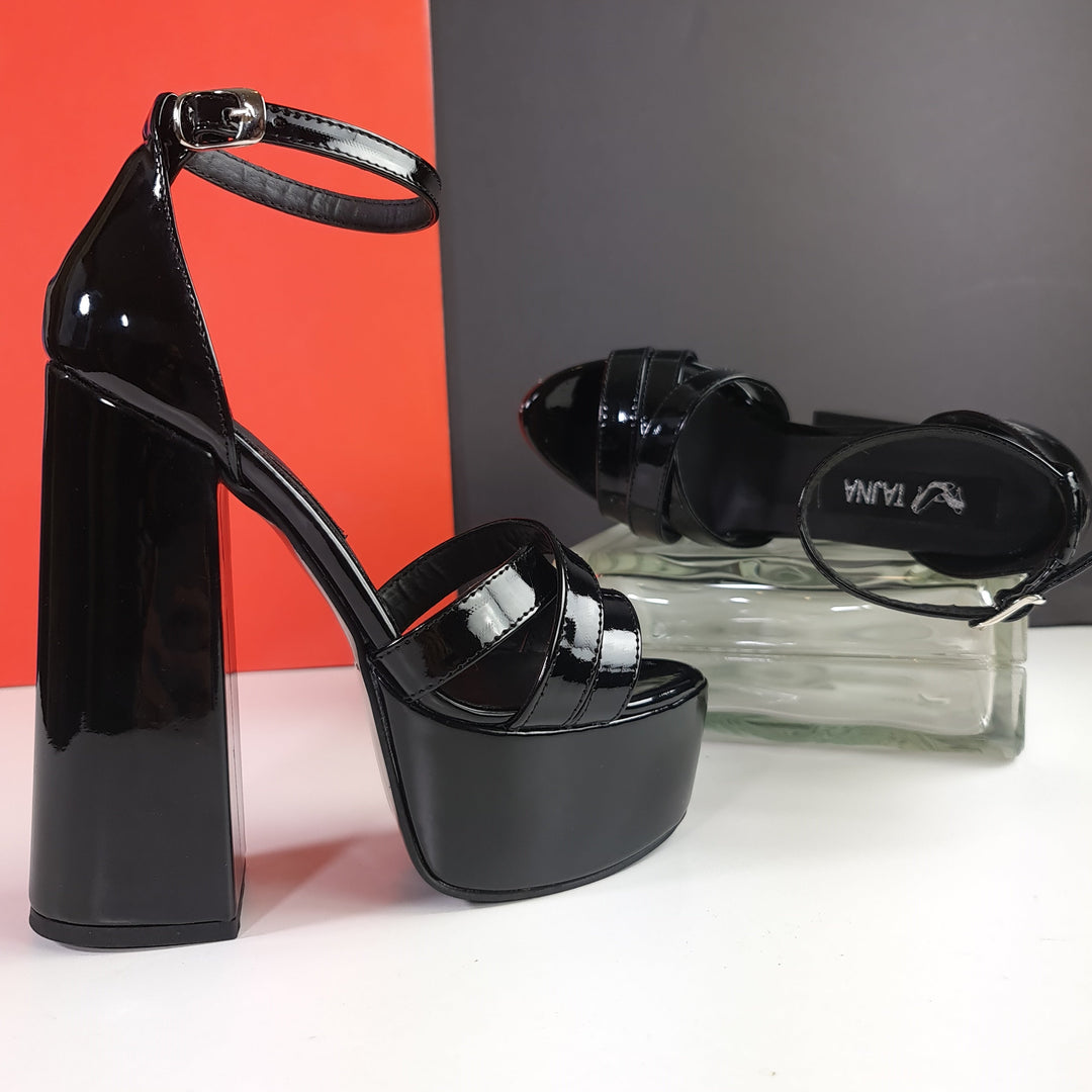 Block Chunky Black Gloss High Heel Sandals