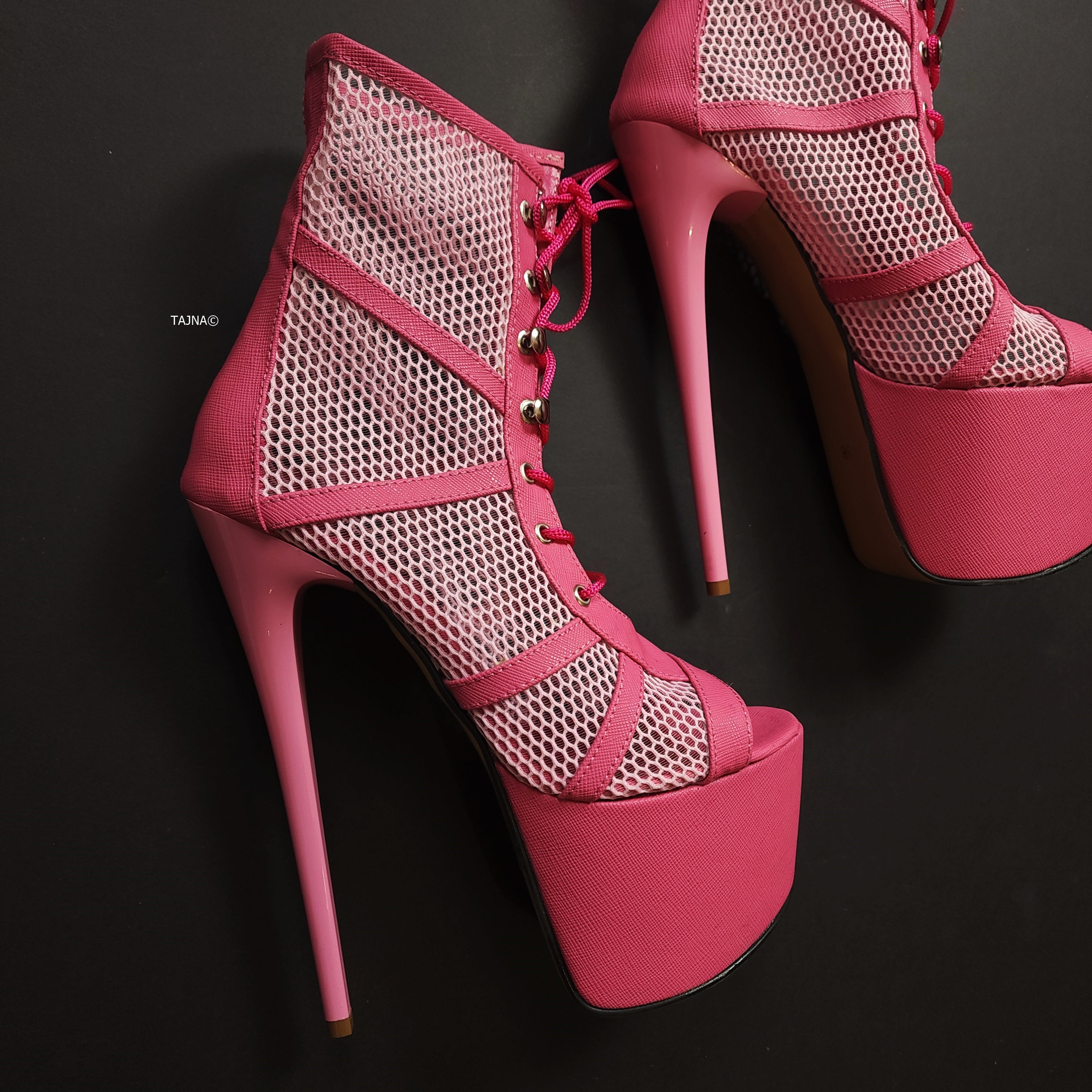 Pink Fishnet Lace-up  Platform High Heel Booties