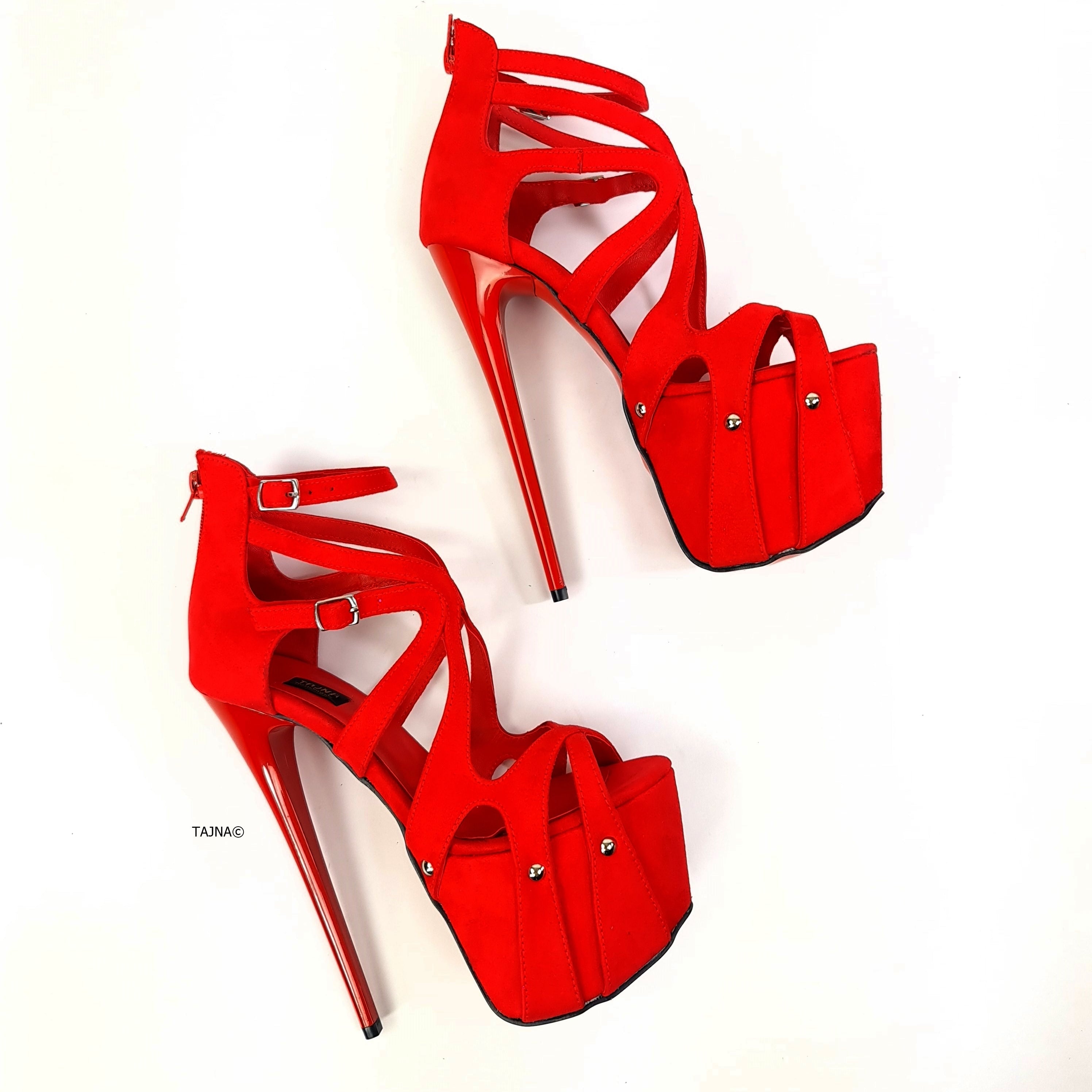 Pencil Heel Red Suede Lazer Cage Platforms