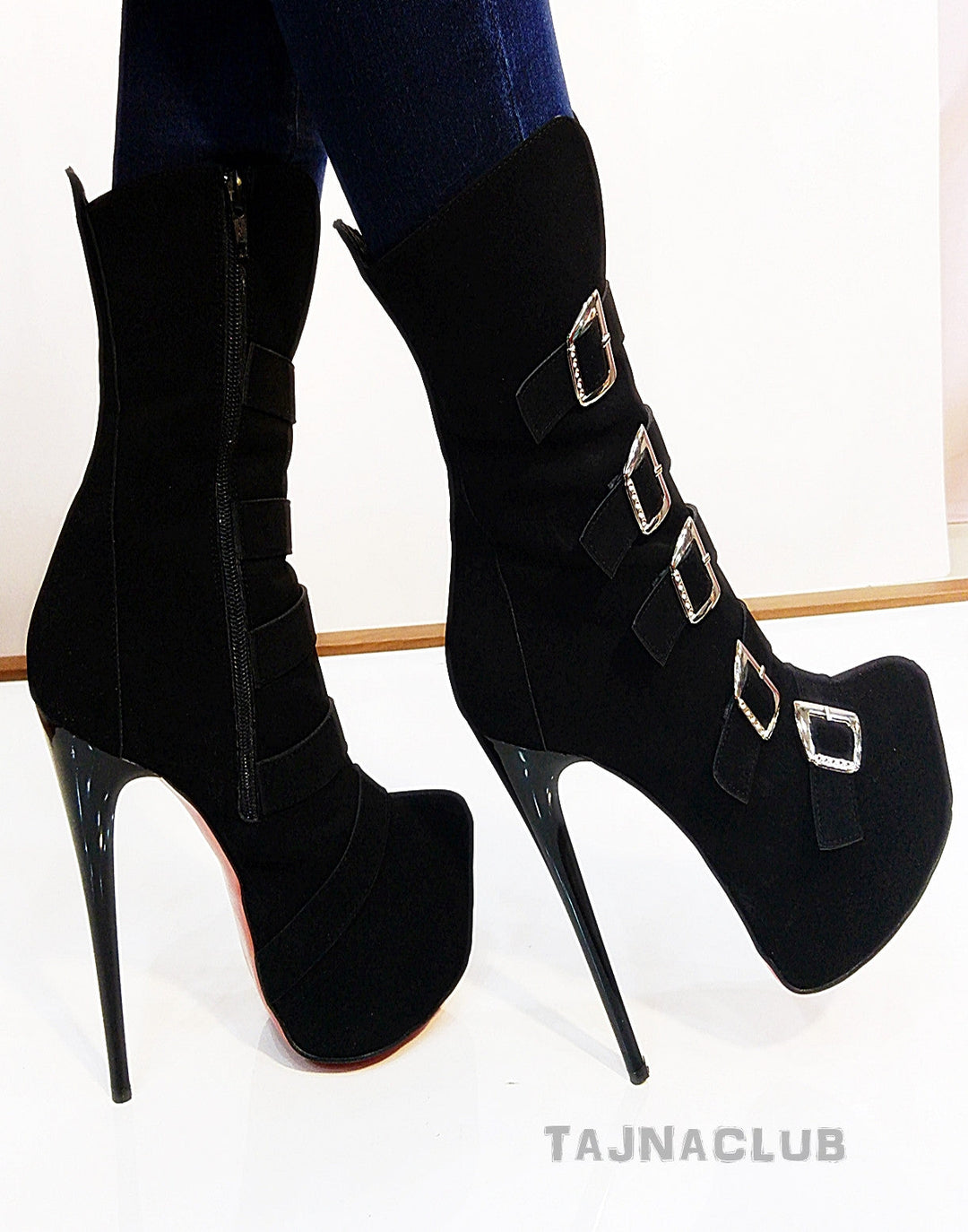 Midcalf Belt Buckle Black Boots Platform High Heel Shoes - Tajna Club