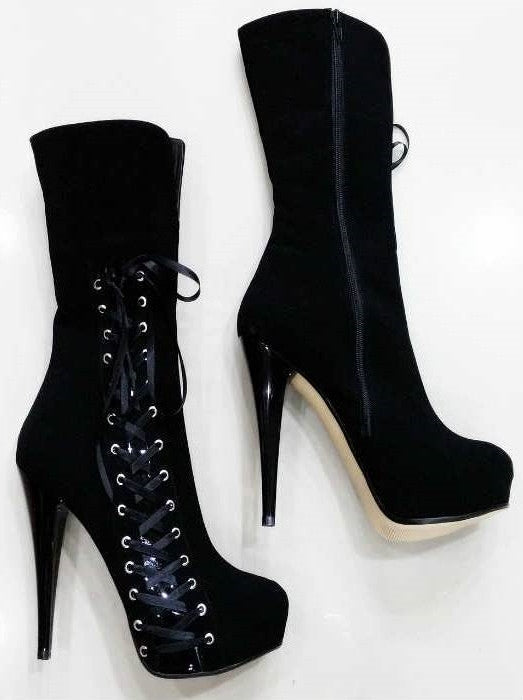 Corset Style Mid Calf Black Suede Boots - Tajna Club