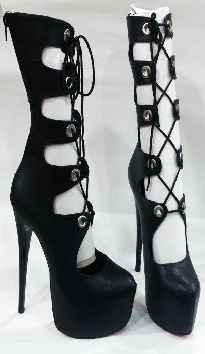 Lace Up Black Boots Platform High Heel Shoes - Tajna Club