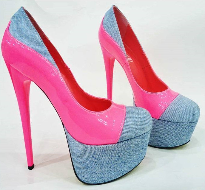 Pink and Denim Platform High Heel Pumps - Tajna Club