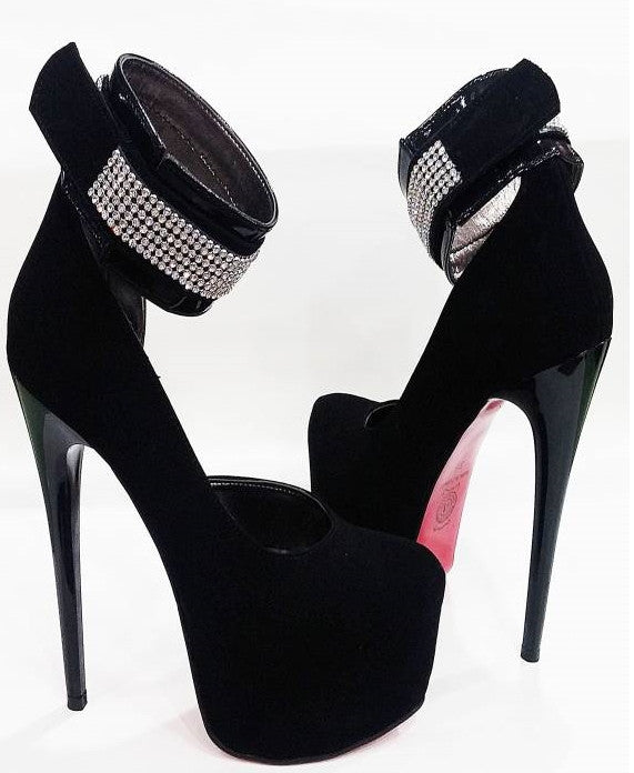 Black High Heel Platform Pumps with Rhinestone Ankle Strap - Tajna Club