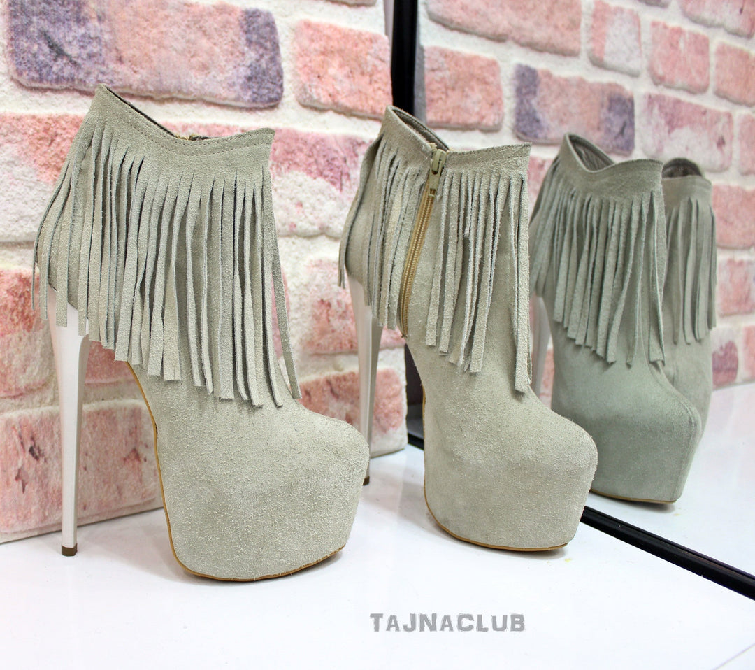 Beige Suede Fringe High Heel Platform Ankle Booties - Tajna Club