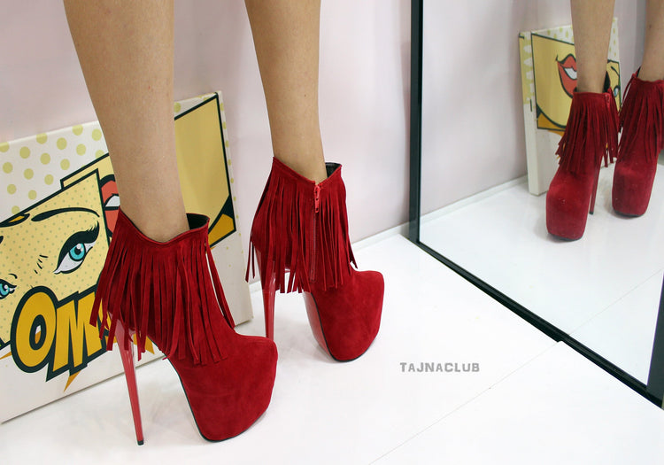 Red Fringed Platform Ankle Boots - Tajna Club