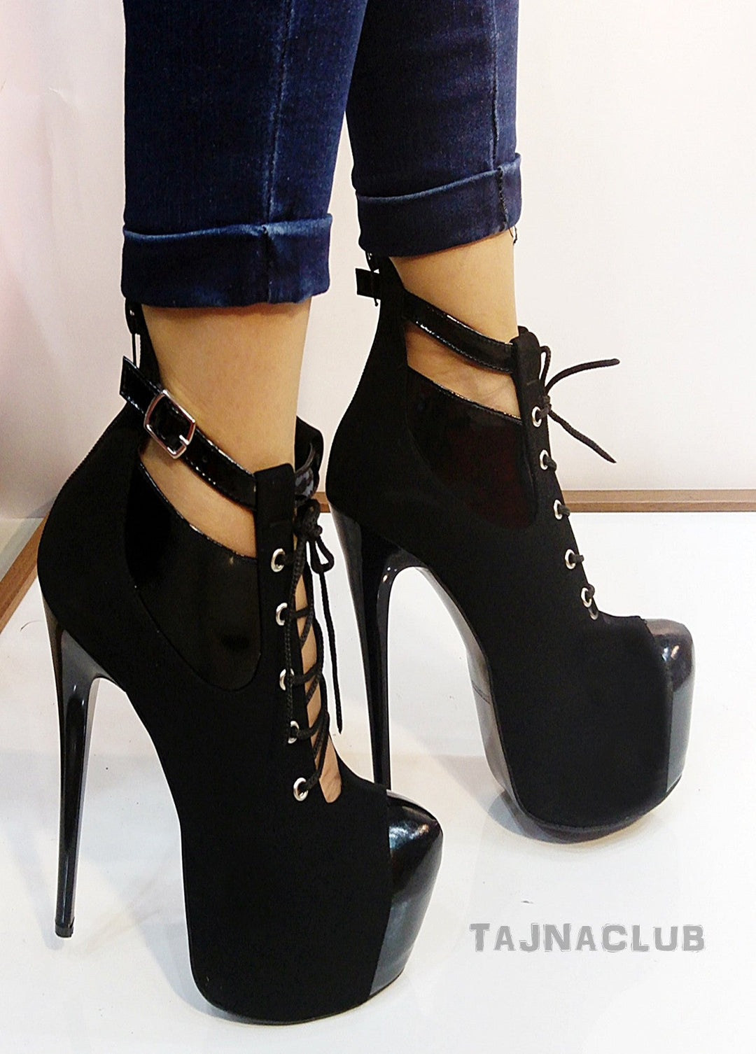Black Ankle Strap Lace Up Sexy Platform Boots - Tajna Club