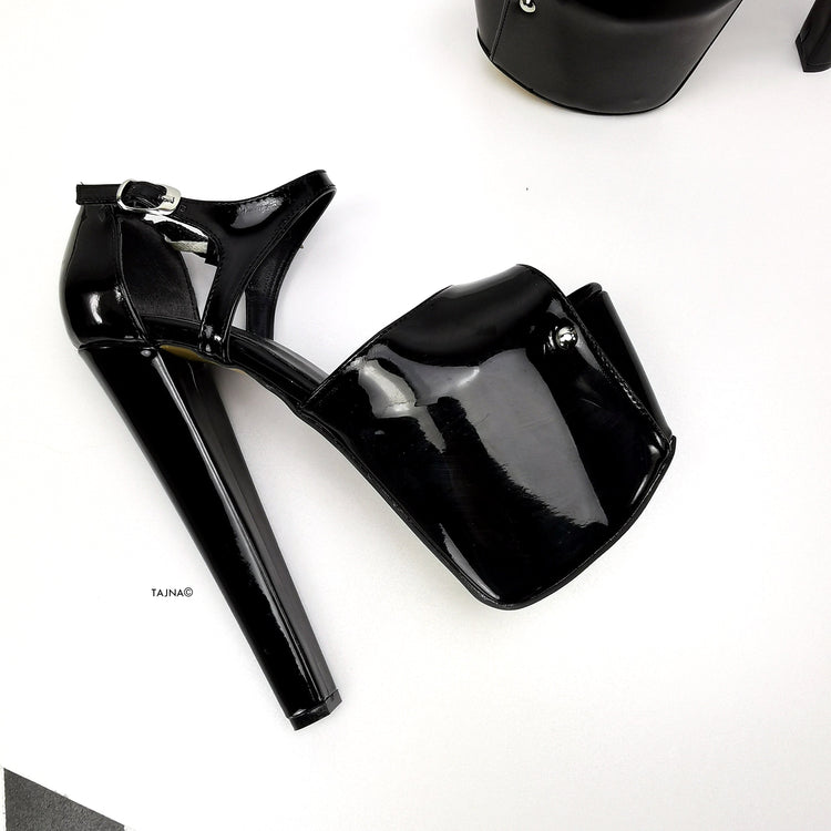 Black Gloss Ankle Strap Peep Toe Heels - Tajna Club