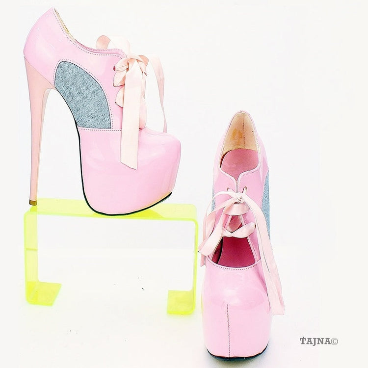 Light Pink Denim Lace Up Ankle High Heel Booties - Tajna Club