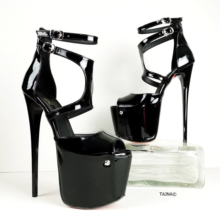 Black Patent Double Belted Ankle Heels - Tajna Club