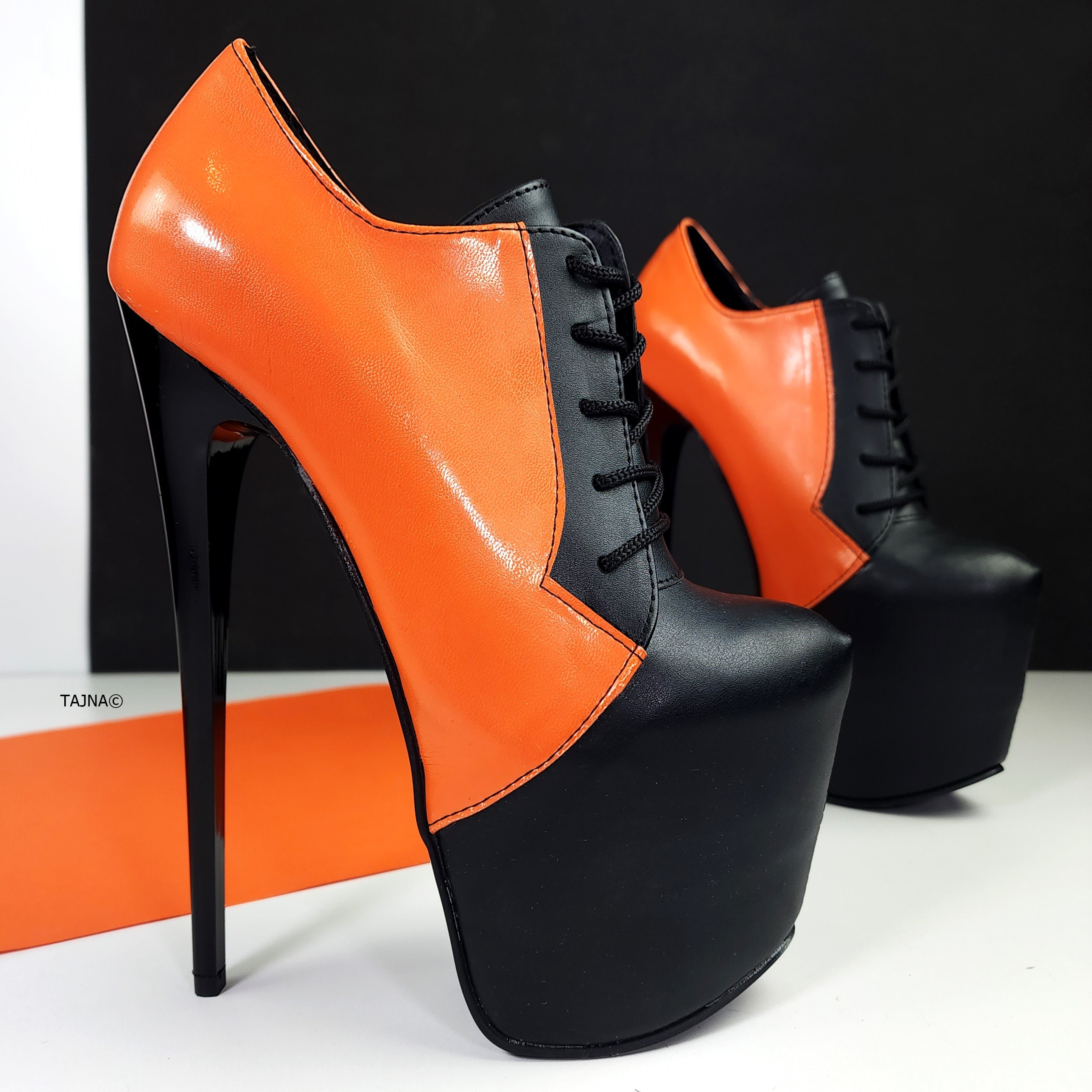 Black Orange Halloween Lace Up Boots - Oxford - Tajna Club Shoes Booties