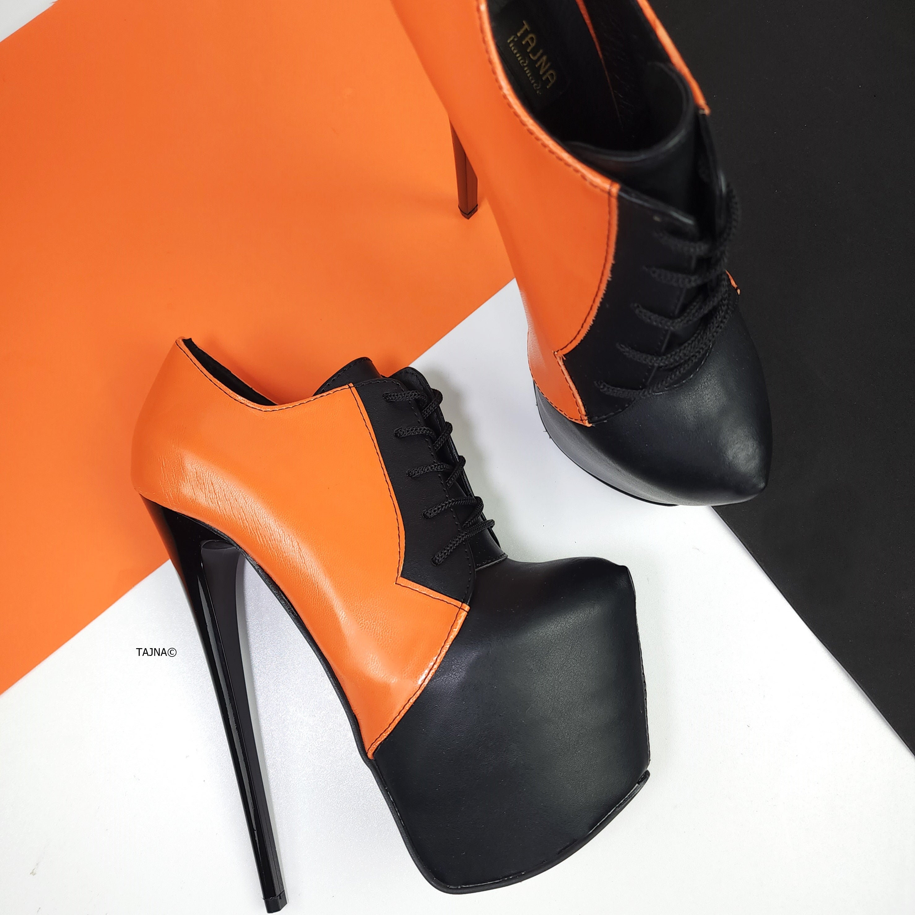Black Orange Halloween Lace Up Boots - Oxford - Tajna Club Shoes Booties