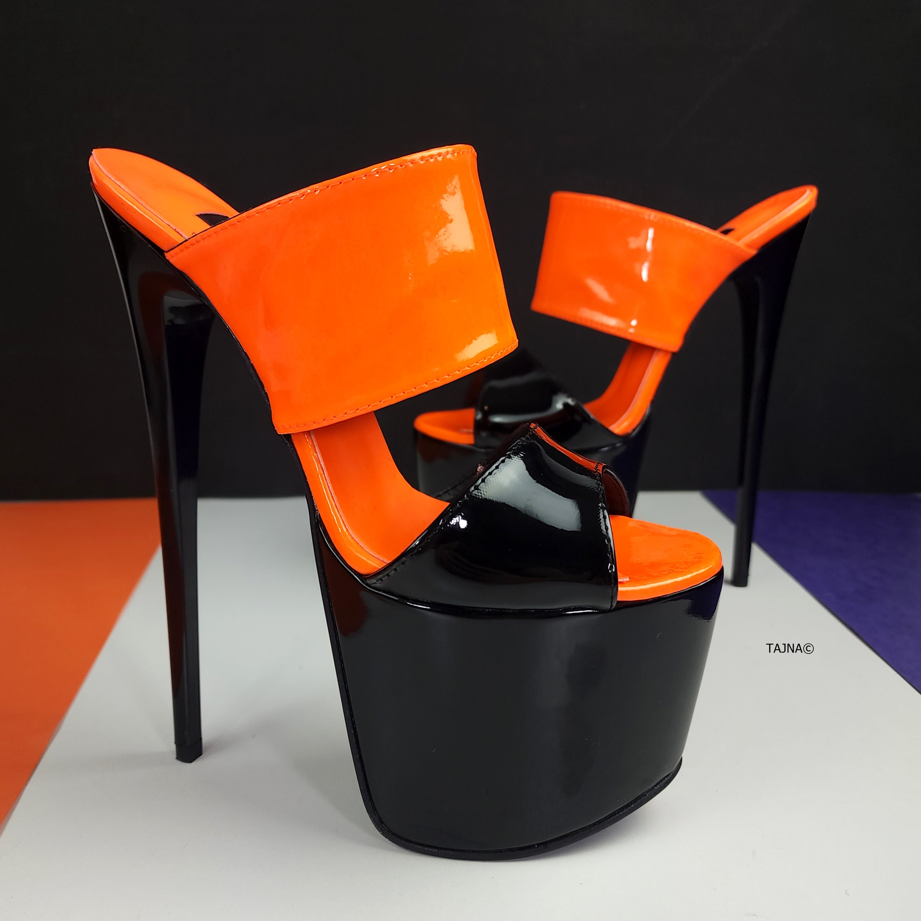 Black Orange Gloss Double Strap Mules Tajna club shoes halloween