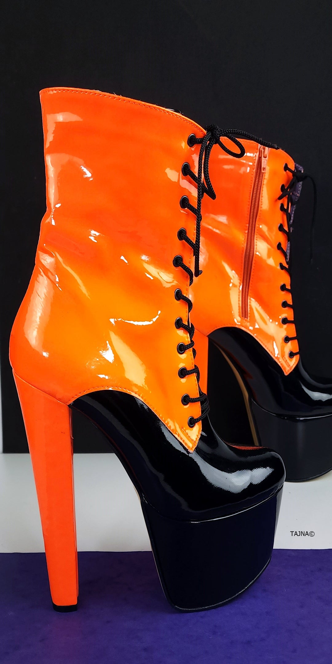 Orange Neon Black Multi Colour Chunky Heel Boots Tajna Club Halloween
