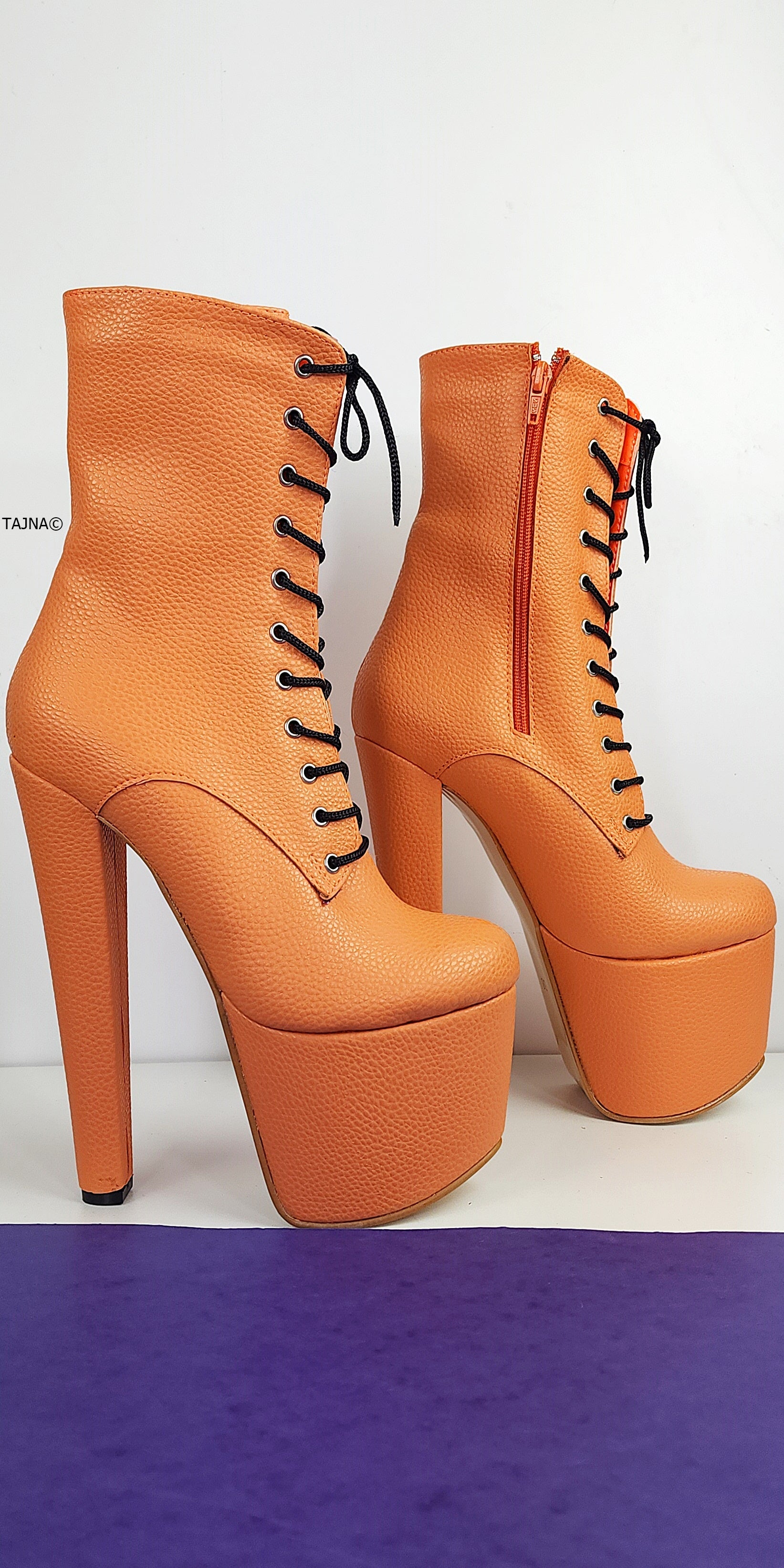 Orange Matte Lace Up Chunky Heel Boots Tajna club Shoes Halloween