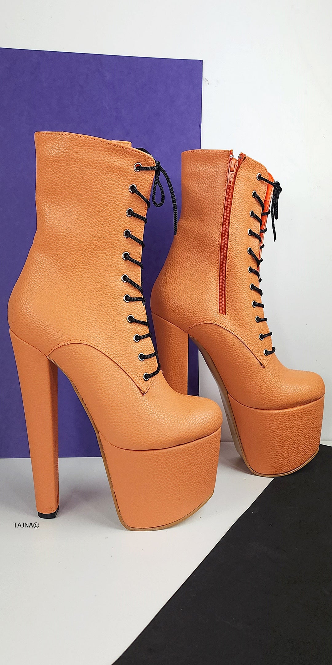 Orange Matte Lace Up Chunky Heel Boots Tajna club Shoes Halloween