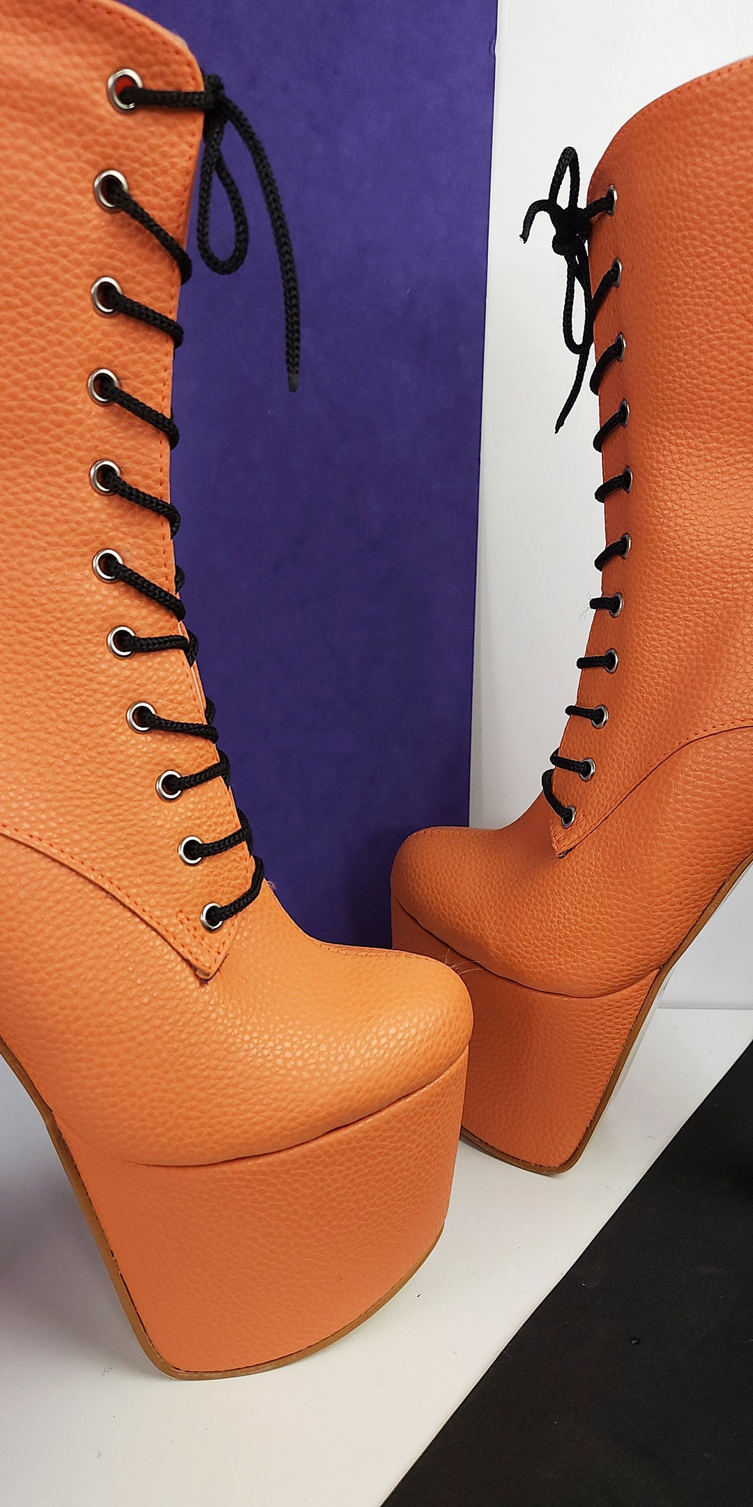 Orange Matte Lace Up Chunky Heel Boots Tajna club Shoes Halloween