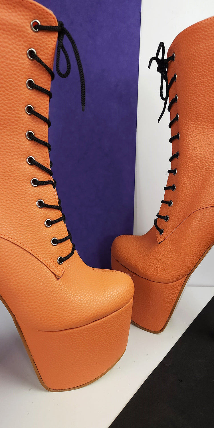 Orange Matte Lace Up Chunky Heel Boots Tajna club Shoes Halloween