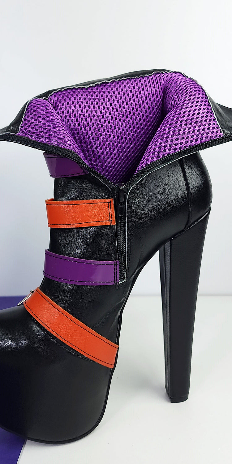 Black Genuine Leather Multi Belted Chunky Heel Boots Tajna Club Halloween