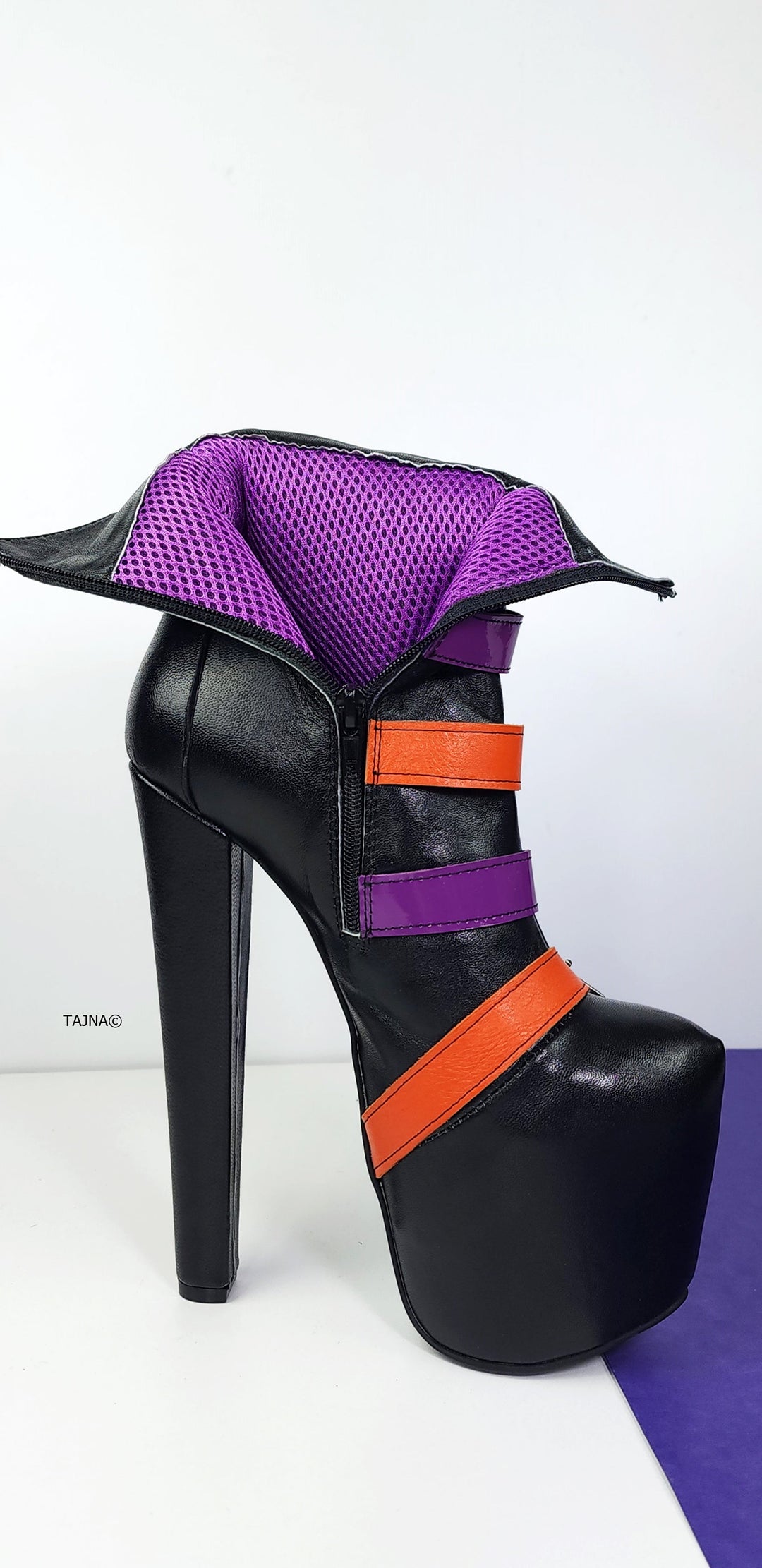 Black Genuine Leather Multi Belted Chunky Heel Boots Tajna Club Halloween