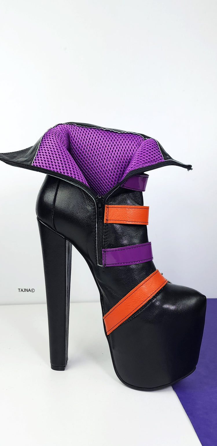 Black Genuine Leather Multi Belted Chunky Heel Boots Tajna Club Halloween