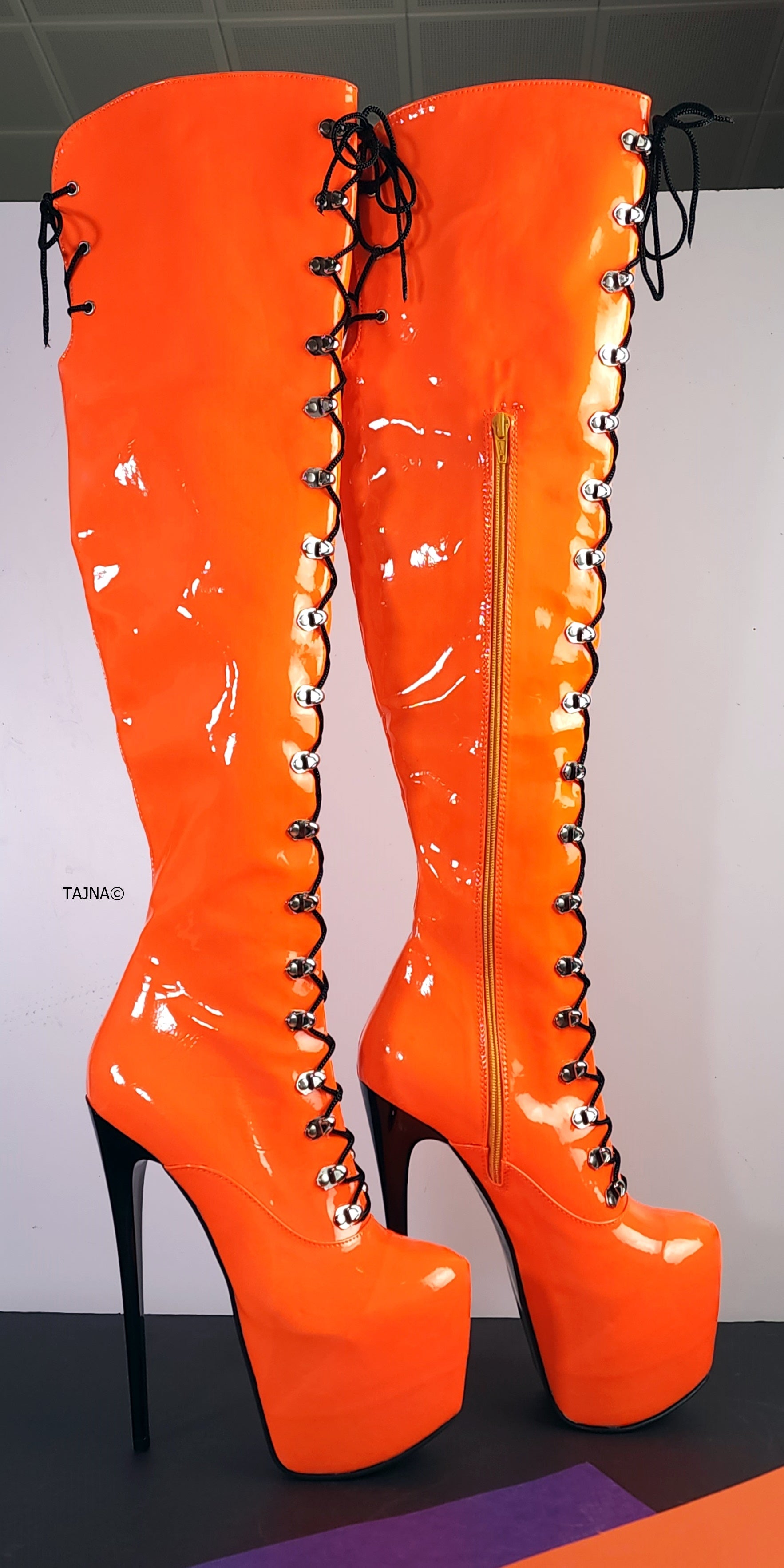 Orange Neon Gloss Military Style High Heel Boots Tajna Club Halloween
