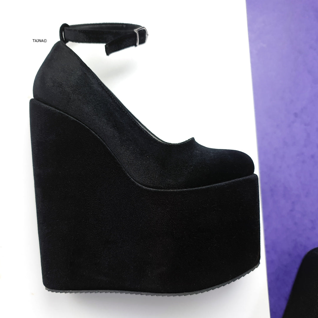 Black Velvet Ankle Strap  High Heel Wedges Tajna Club Shoes
