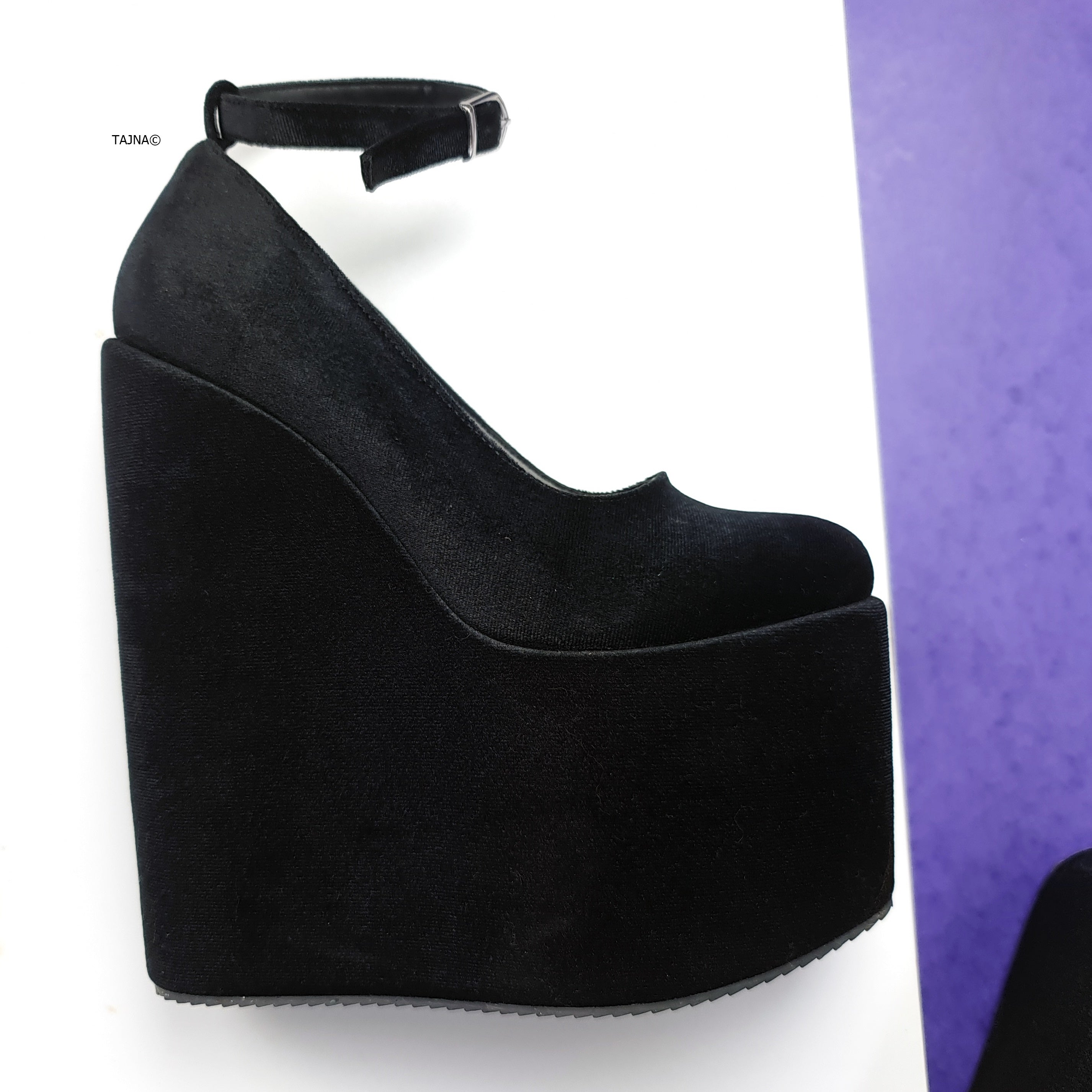 Black Velvet Ankle Strap  High Heel Wedges Tajna Club Shoes