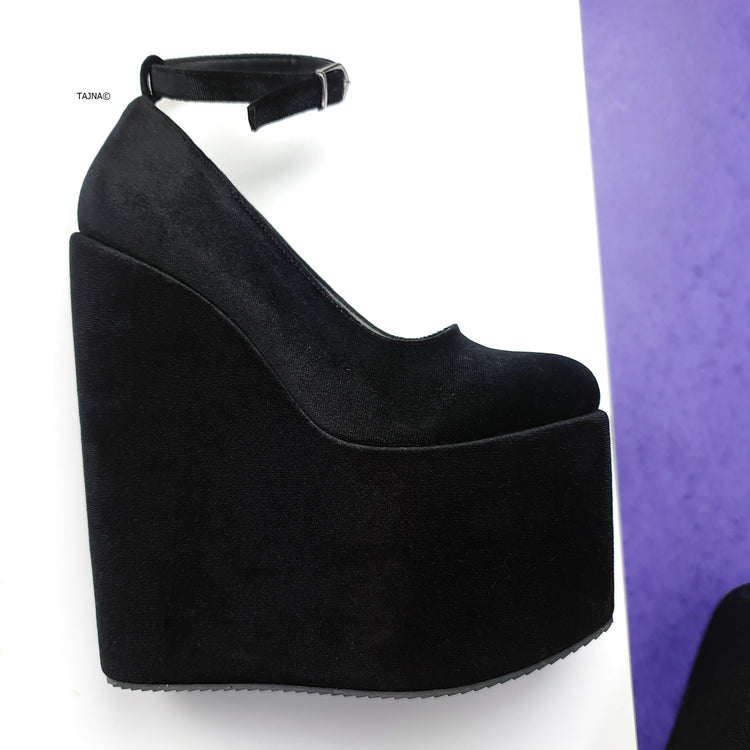 Black Velvet Ankle Strap  High Heel Wedges Tajna Club Shoes