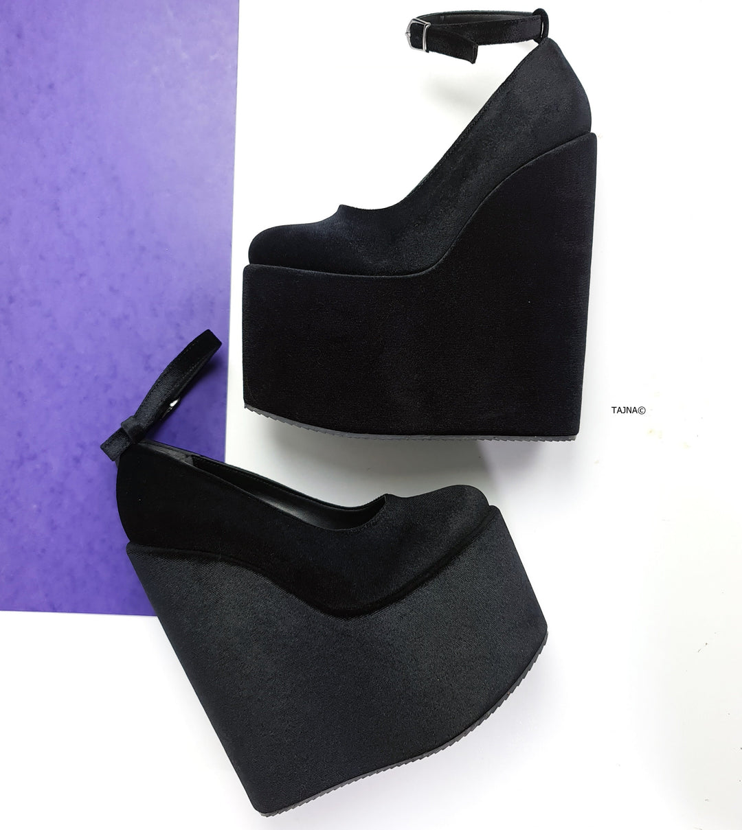 Black Velvet Ankle Strap  High Heel Wedges Tajna Club Shoes