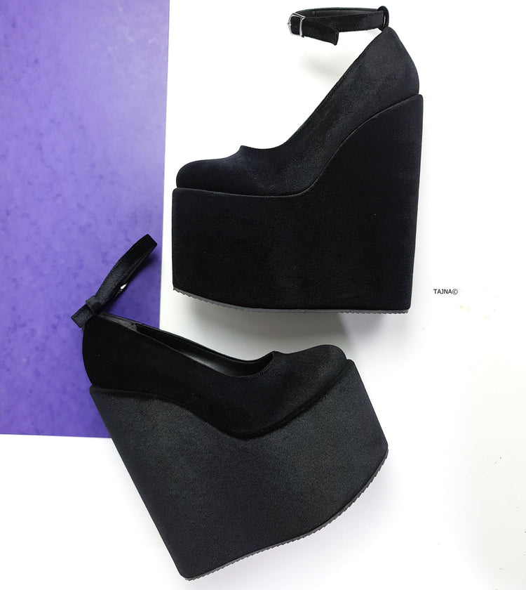 Black Velvet Ankle Strap  High Heel Wedges Tajna Club Shoes