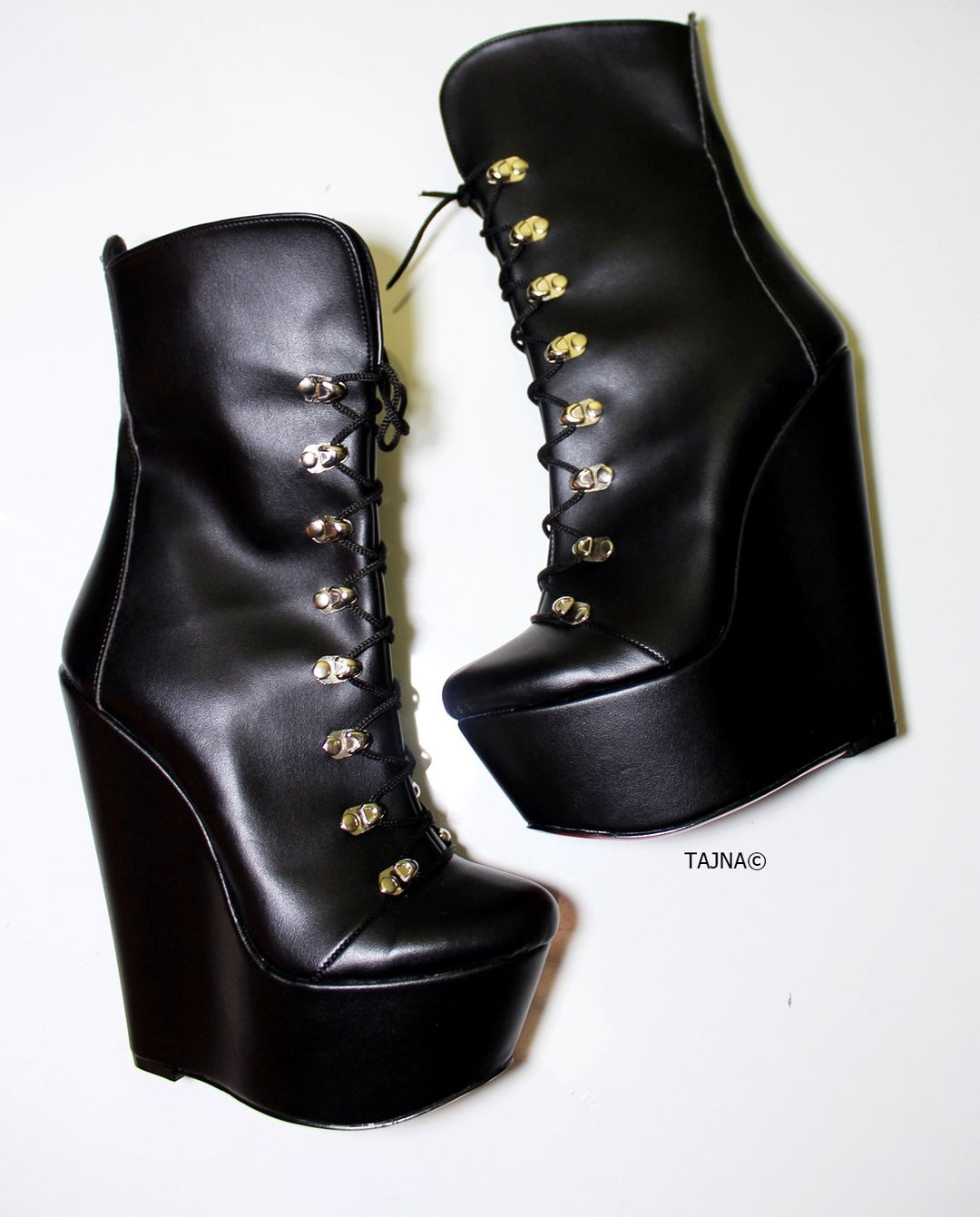 Lace Up Black Military Style Wedge Boots - Tajna Club
