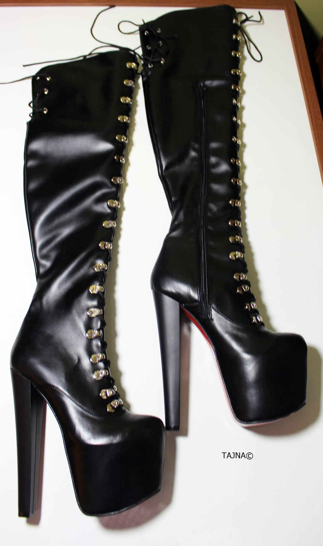 Black Lace Up Knee High Platform Boots - Tajna Club